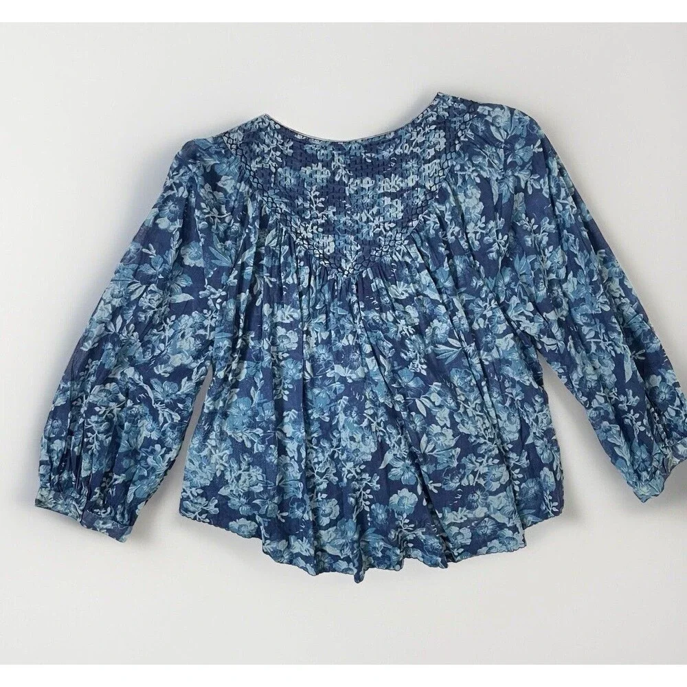 We The Free Free People XS Cool Meadow Blue Floral Cotton Embroidered Top Boho